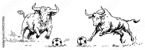 Bull playing with soccer ball in vintage hand drawn sketch style