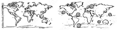 World map with soccer balls representing global football in hand drawn sketch style