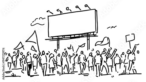 People protesting and holding signs in front of large blank outdoor billboard in sketch style
