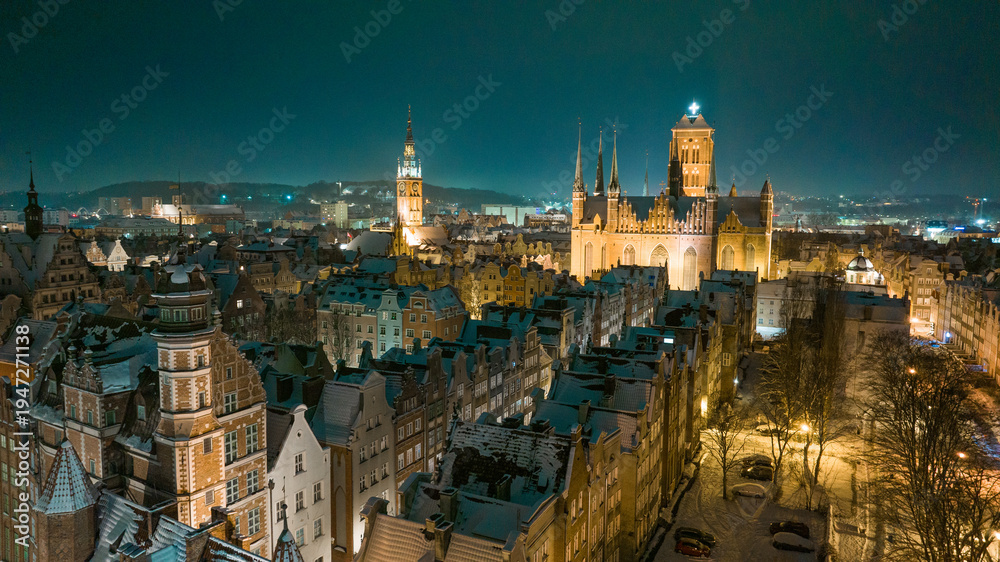 Fototapeta premium Gdańsk at night from a drone. Winter 2026.