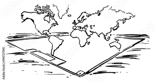 World map over soccer pitch corner representing global football hand drawn style