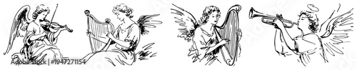 Angels playing musical instruments like harp violin and trumpet vintage engraving style