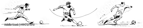 Soccer players in action kicking ball and running hand drawn sketch style