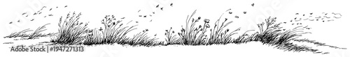 Wild meadow landscape with tall grass and flying insects in detailed ink sketch style