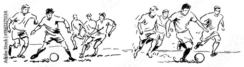 Soccer players running and dribbling the ball during a match in hand drawn line art style