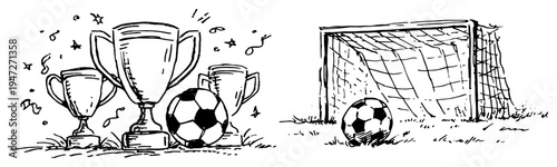 Soccer trophies with ball and goal on field in hand drawn sketch style