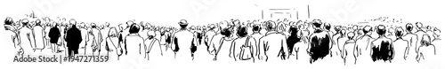 Large crowd of people standing and looking forward in a public gathering in hand drawn line art style