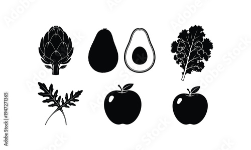 Illustrations of various vegetables and fruits in black and white line art
