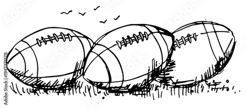 American football balls on grass field under flying birds in hand drawn sketch style