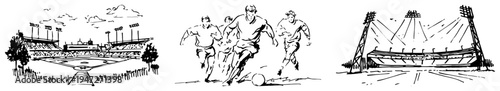 Sport stadium scenes and soccer players running with ball in panoramic sketch style