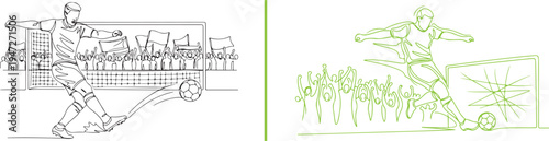 Green and black vector line art depicting a soccer player kicking a ball toward a goal. Features a cheering stadium crowd and a goalkeeper attempting a save during a match.