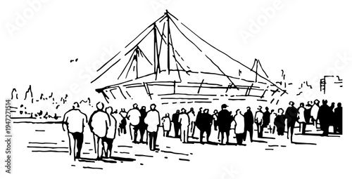 Crowd of people walking towards modern sports stadium building in hand drawn line art style