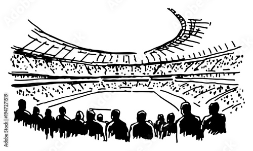 Fans watching soccer match from the stands of a crowded football stadium in ink sketch style