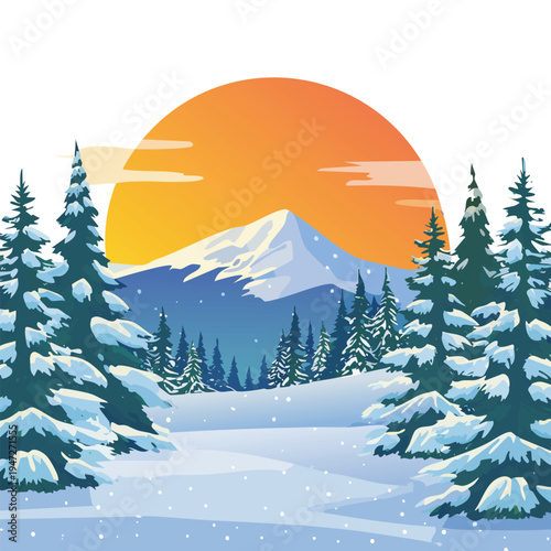 Winter landscape snowy scene with pine trees and a rising sun background