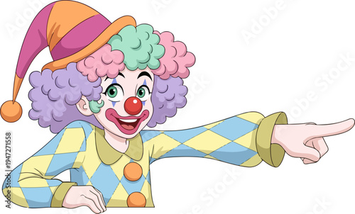 Happy Cartoon Clown Character with Colorful Wig and Pointing Hand Gesture, Wearing Harlequin Costume, Isolated Vector Illustration for Entertainment and Fun Designs