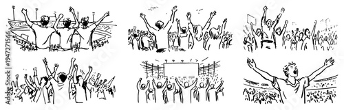 Cheering stadium crowd and fans with raised hands at sport event in hand drawn sketch style
