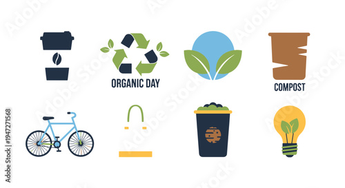 Collection of Organic and Eco friendly Lifestyle Icons Including Bicycle Recycling Compost and Light Bulb