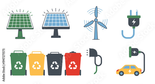 Collection of Renewable Energy Sources and Recycling Symbols for a Sustainable Future Concept