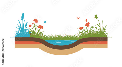 Cross Section of Vibrant Wetland Ecosystem Showing Stratified Soil Layers and Diverse Flora with Aquatic Life and Flying Insects