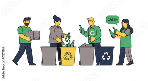 Diverse Group of People Actively Participating in Recycling Efforts with Bottles and Waste Containers