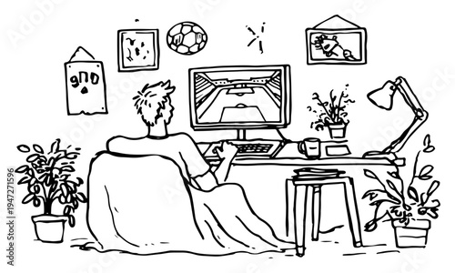 Man watching soccer match on computer screen in home office setting in line art style