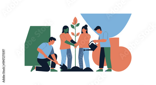 Diverse Group of People Planting a Sapling Together Symbolizing Environmental Care and Community Effort in a Stylized Flat Design