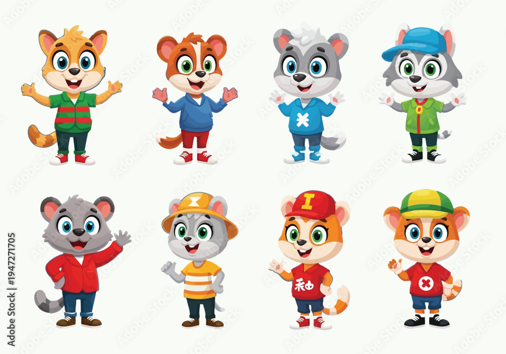 Obraz premium A vibrant collection of cartoon wild animals wearing casual clothes with happy expressions.