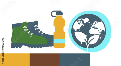 Green Hiking Boot and Orange Water Bottle Beside a Blue Circle Earth with Green Sprout Icon Representing Outdoor Adventure and Environmental Care
