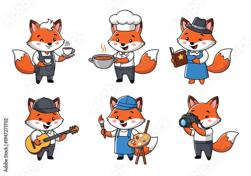 A delightful collection of cartoon foxes showcasing diverse professional and hobby roles.