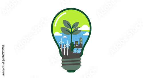 Green Lightbulb Concept Showcasing Renewable Energy Clean City and Flourishing Plant Life Within a Luminous Globe