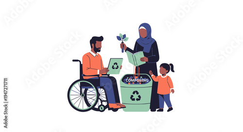 Family Learning About Composting and Recycling with a Man in a Wheelchair and a Child