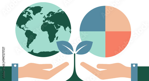 Hands Carefully Holding a Sprouting Plant with the Earth and a Pie Chart on a Clean White Background