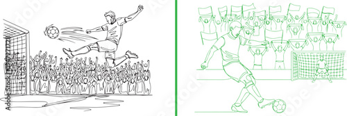 Green and black vector line art featuring soccer players in action. Highlights include a powerful goal-scoring strike and dynamic game play in front of a cheering stadium crowd.