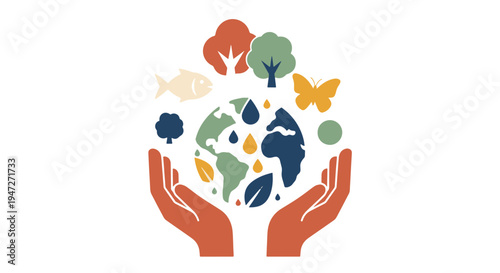 Hands Cradling Planet Earth with Diverse Flora Fauna and Water Droplets Symbolizing Conservation and Ecological Balance