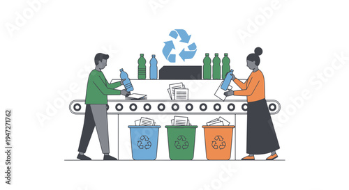 People Sort Plastic Bottles on a Recycling Conveyor Belt with Bins Below and Recycling Symbol Above