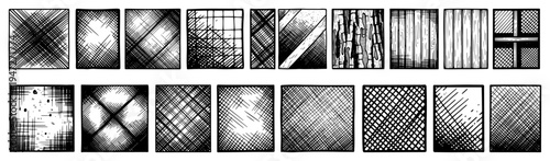 Shading textures and cross hatching patterns collection in hand drawn engraving style