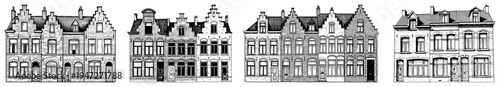 Historical european building facades and townhouses in detailed architectural sketch style