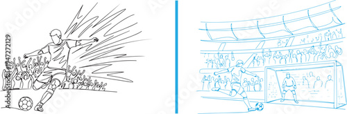 Light blue and black line art vector of a soccer player striking a ball into a goal. Displays a packed stadium, cheering fans, and a goalkeeper, capturing a climactic match-winning moment.