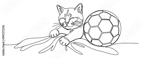 Soccer ball and cute kitten lying together in continuous line art style