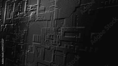 A technological vector background of thousands of glowing dots forms a complex circuit and electronic components reminiscent of a microchip or electronic circuit board.
