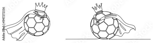 Soccer ball with crown and superhero cape for championship concept in continuous line art style