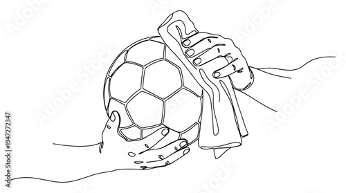 Hands cleaning soccer ball with cloth for equipment maintenance in continuous line art style