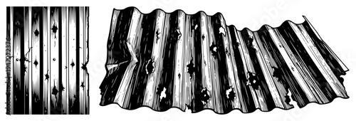 Corrugated metal sheets with rusty holes in vintage engraving style