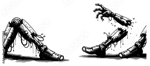 Robotic limbs and damaged cyborg body parts in broken ink sketch style