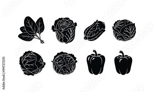 Black and white illustration of various vegetables and herbs