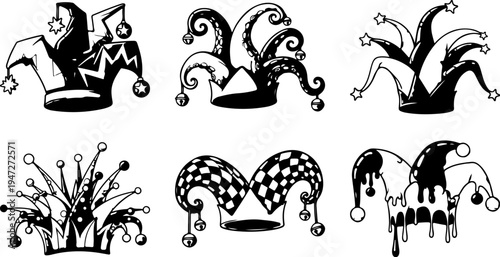 Set of 6 Jester Hats Vector Illustrations for Carnival, Mardi Gras, and Circus Themes, Black and White Harlequin Cap Collection for Festive Designs