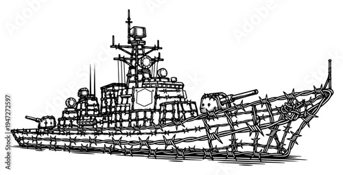 Military battleship warship wrapped in sharp barbed wire in hand drawn engraving style