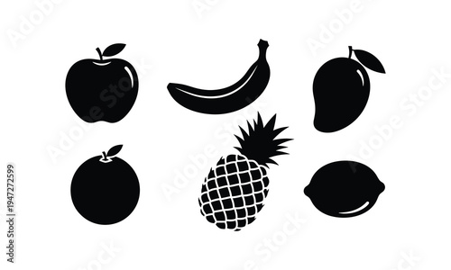 Five distinct black silhouettes of popular tropical and temperate fruits.