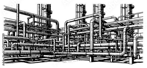 Industrial pipeline system with complex interconnected pipes in vintage engraving style