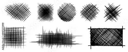 Cross hatching textures and shaded geometric shapes in hand drawn ink sketch style